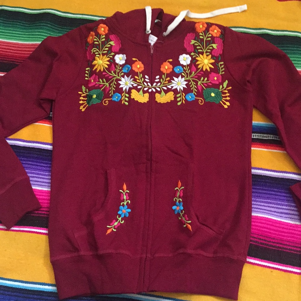 Burgundy Mexican Embroidered hoodie sweatshirt